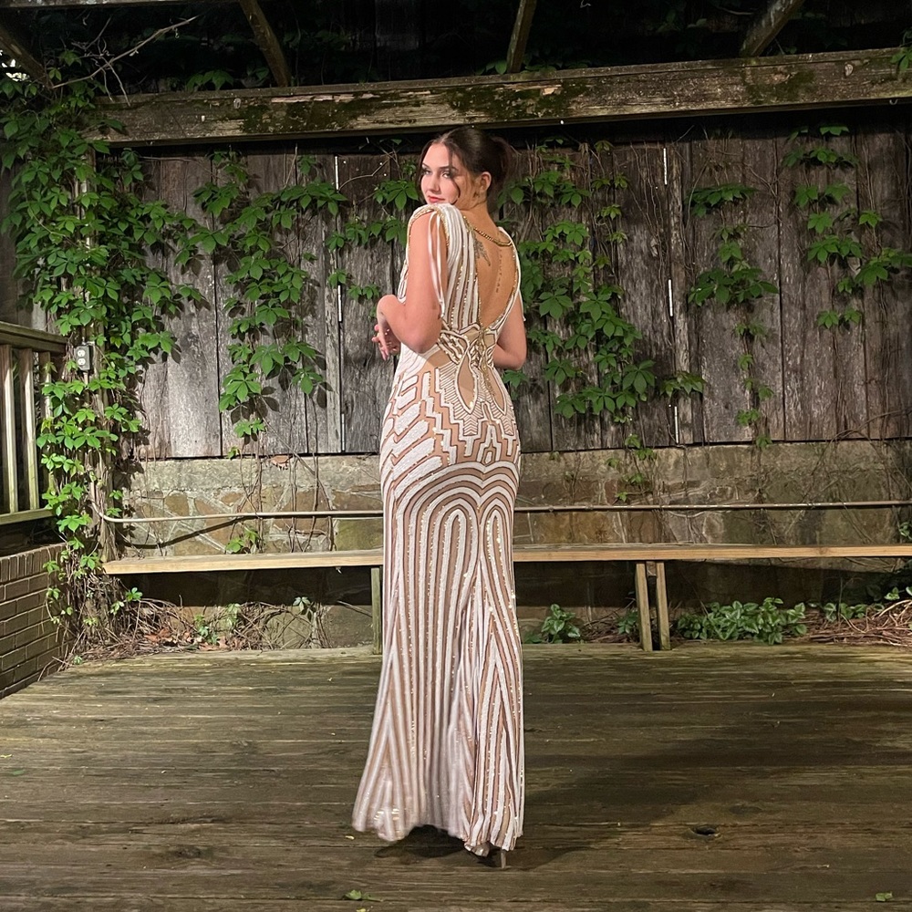Yvonne Lafleur White/Gold Floor Length Dress.